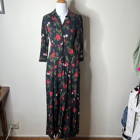 Zara Black Rose Print Maxi Shirt Dress - Picture 1 of 9